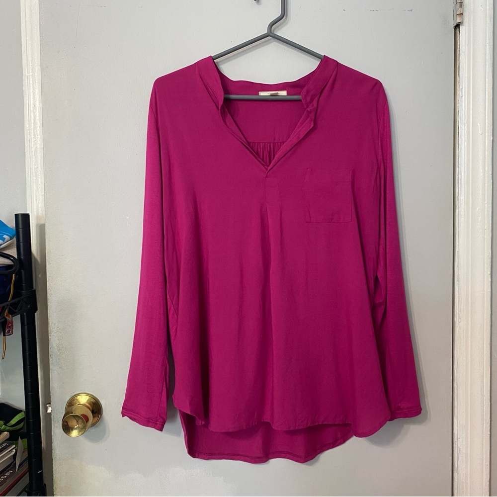 {Pleione} Mixed Media Roll Sleeve Top | Fuscia Pink ~ Size XS - Picture 3 of 15